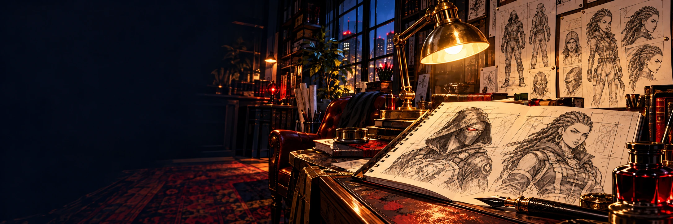 An original comic drafting studio with character sketches and warm lamplight