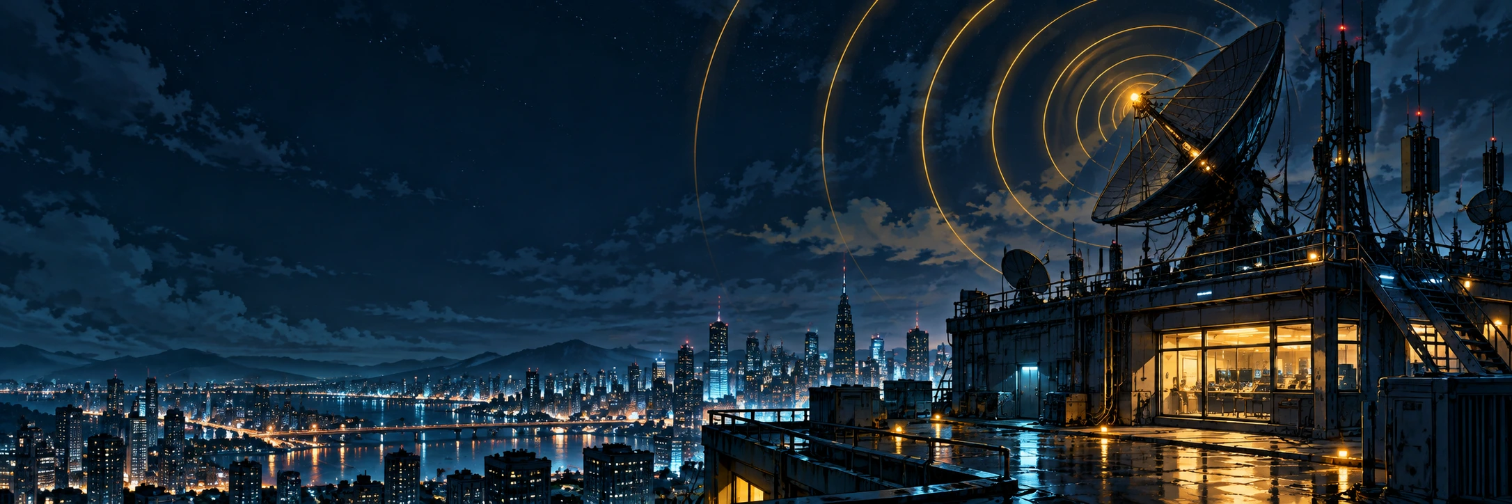 A rooftop communications station overlooking a luminous night city
