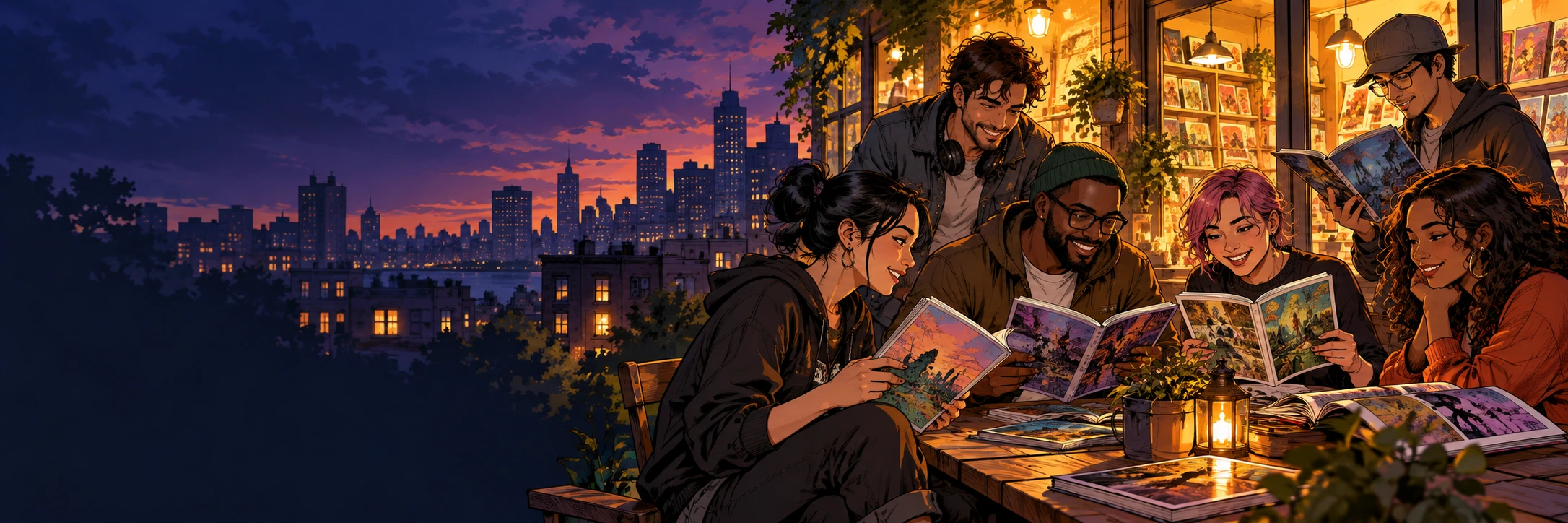 Readers sharing comics outside a neighborhood bookshop at dusk