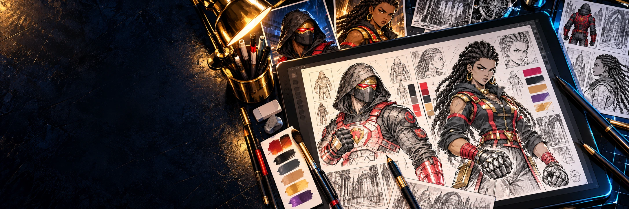 An artist workstation with character concepts and illustration tools