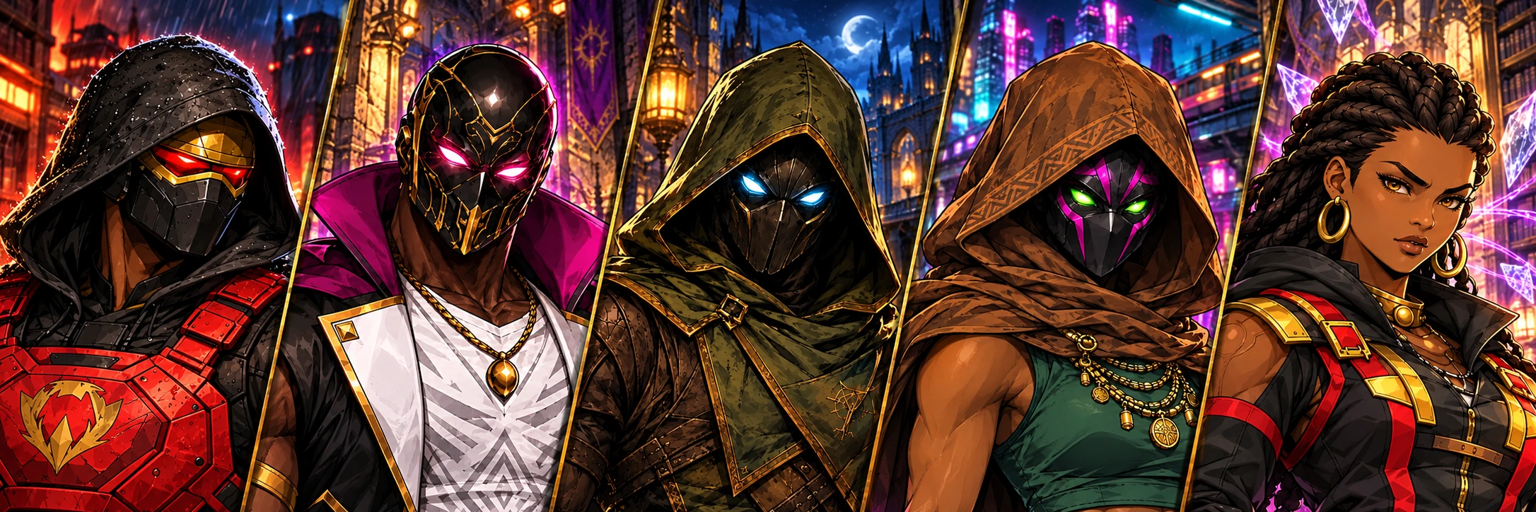 A selection from the growing roster: Onyx-Sentry, Obsidian Sovereign, Nightshade, Veil Shifter, and Syndra