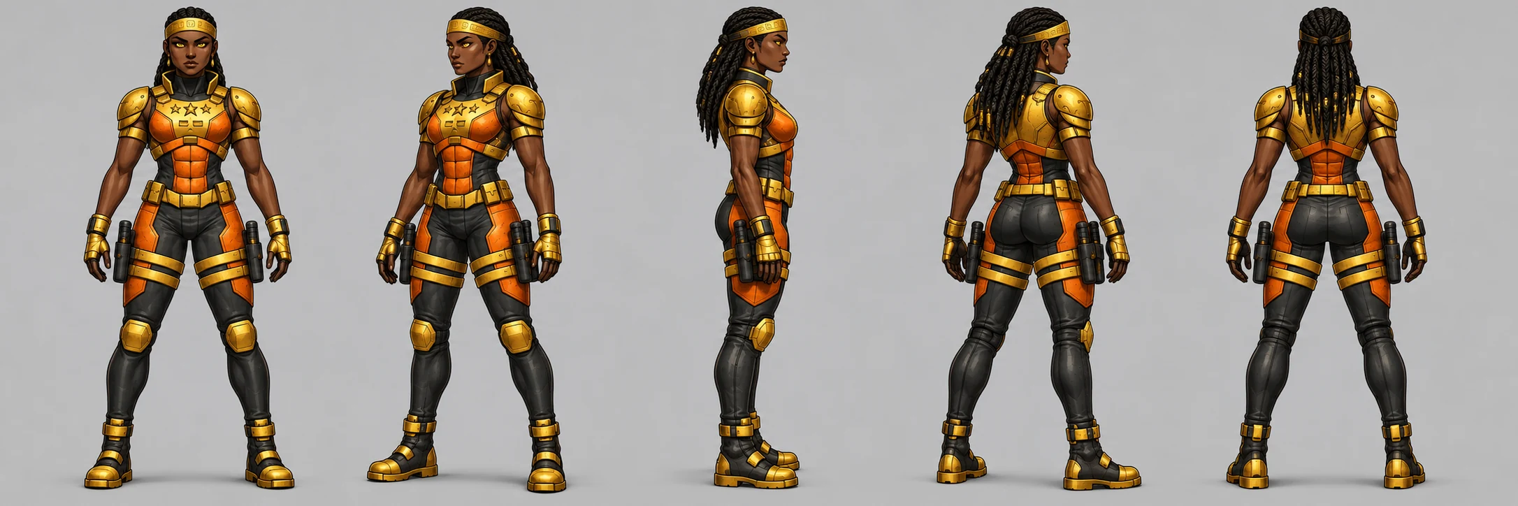 Dawnforge full-body front, front three-quarter, side, back three-quarter and back views