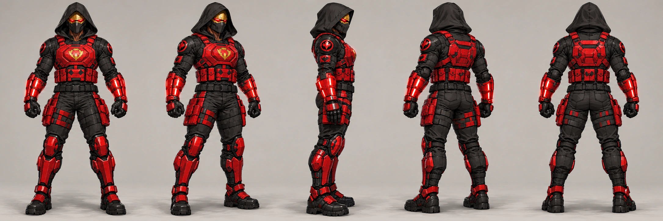 ONYX-SENTRY full-body front, front three-quarter, side, back three-quarter and back views