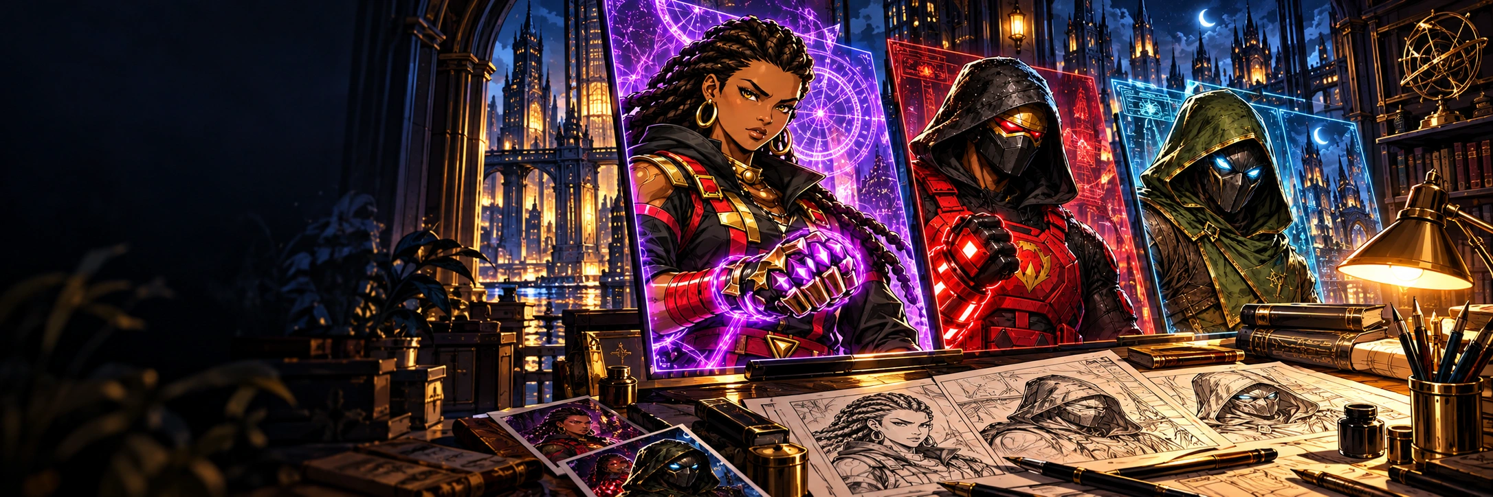 Inside the comic studio, with character artwork and sketches of Syndra, Onyx-Sentry, and Nightshade